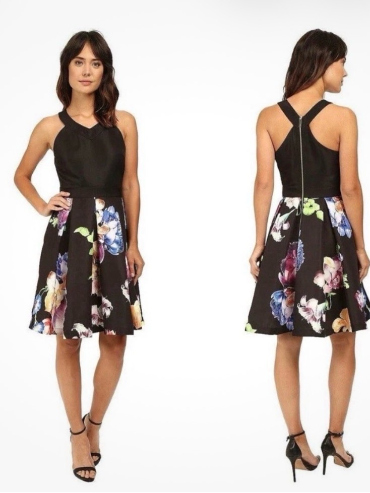 Ted Baker London Black Floral Midi Fit-And-Flare Dress
